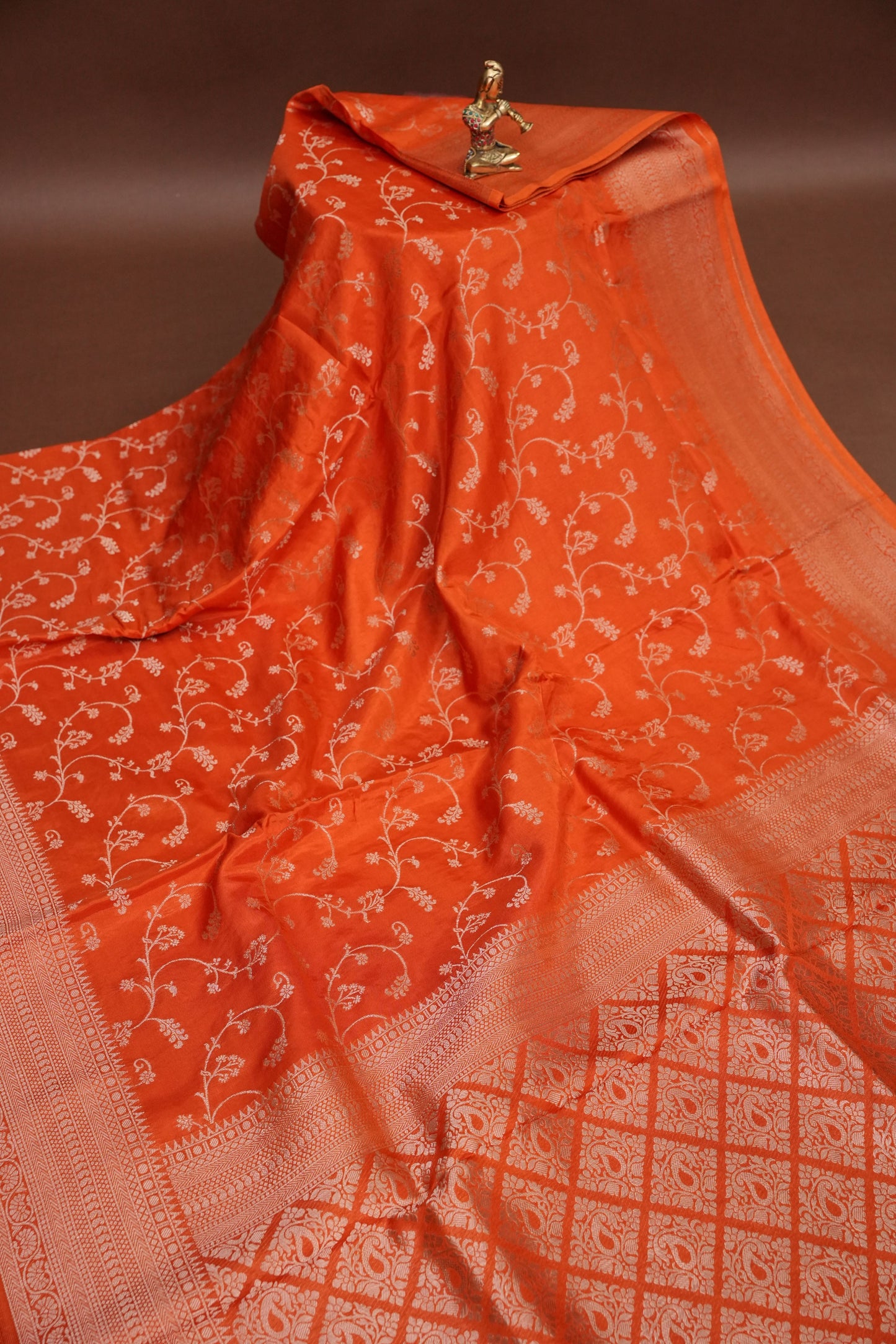 Banarasi Silk Saree – Vibrant Coral Orange with Antique Gold Zari Floral Weave