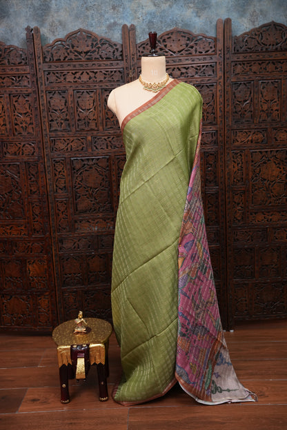 Semi Tussar Raw Silk Saree with Checkered Body & Kalamkari Pallu and Blouse – Pistachio Green