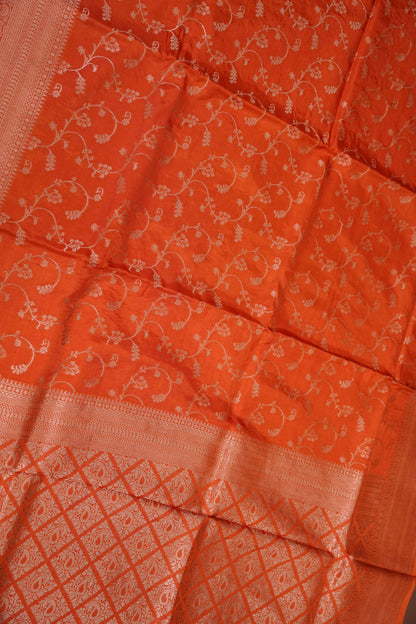 Banarasi Silk Saree – Vibrant Coral Orange with Antique Gold Zari Floral Weave