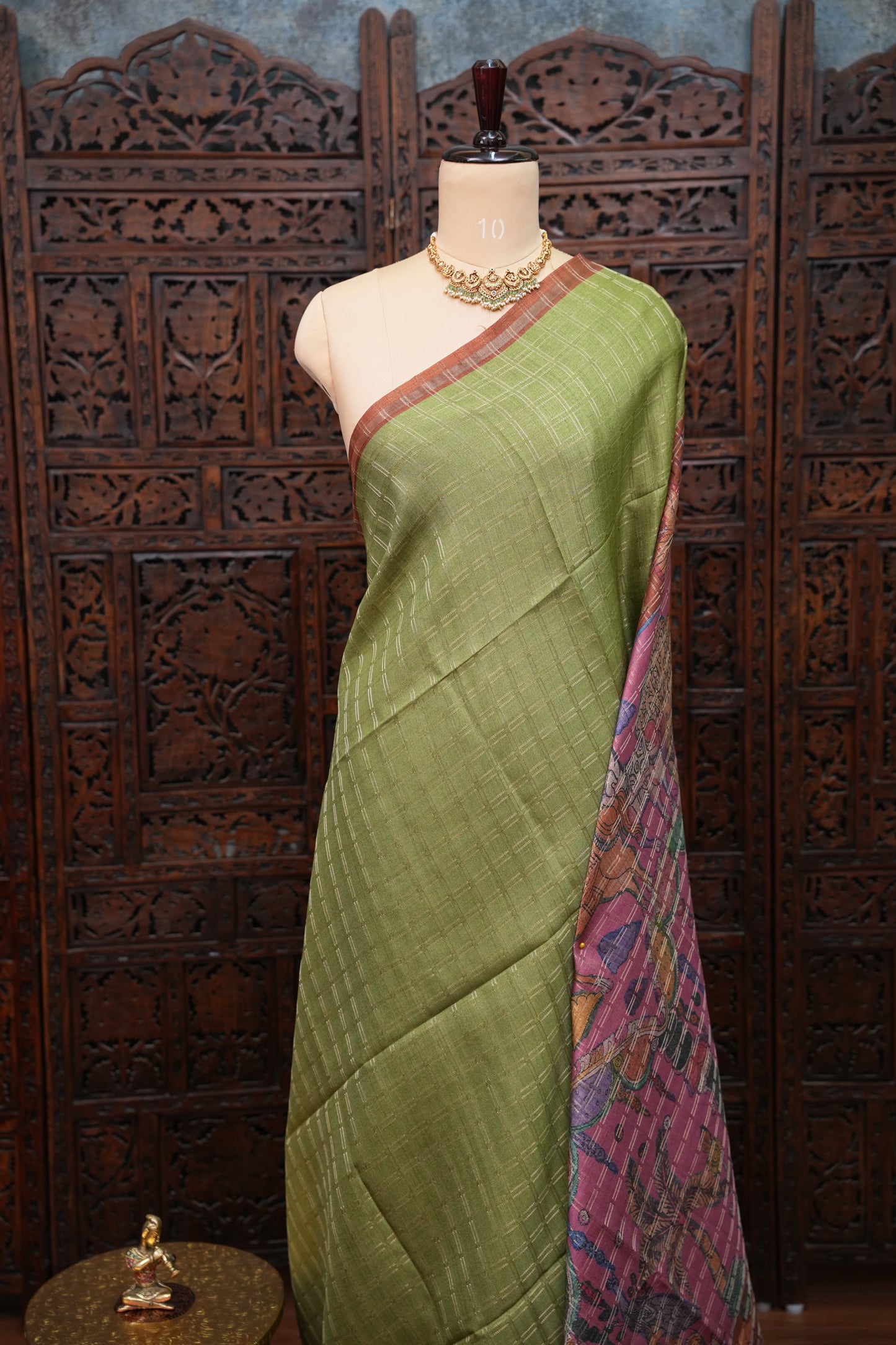 Semi Tussar Raw Silk Saree with Checkered Body & Kalamkari Pallu and Blouse – Pistachio Green