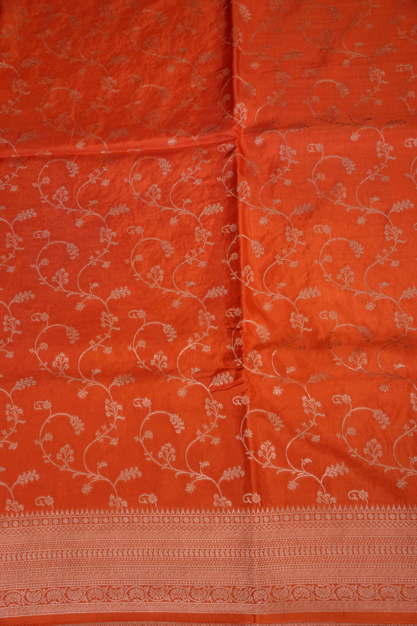 Banarasi Silk Saree – Vibrant Coral Orange with Antique Gold Zari Floral Weave