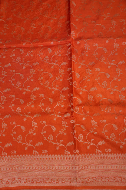 Banarasi Silk Saree – Vibrant Coral Orange with Antique Gold Zari Floral Weave