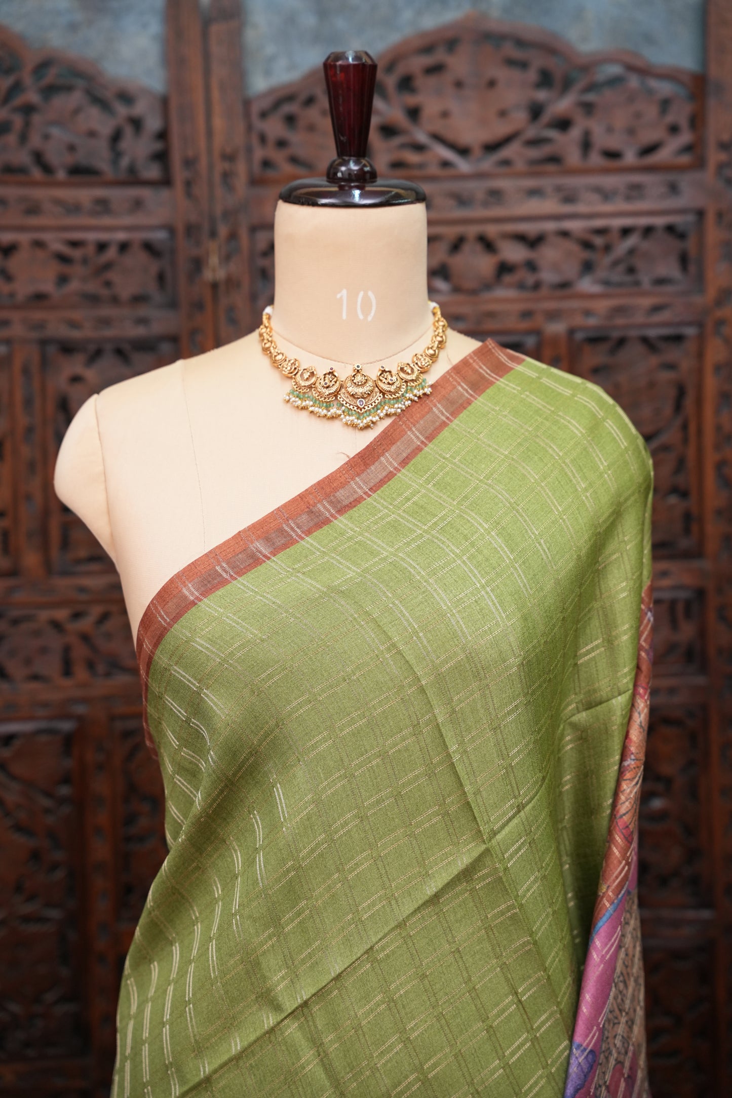 Semi Tussar Raw Silk Saree with Checkered Body & Kalamkari Pallu and Blouse – Pistachio Green