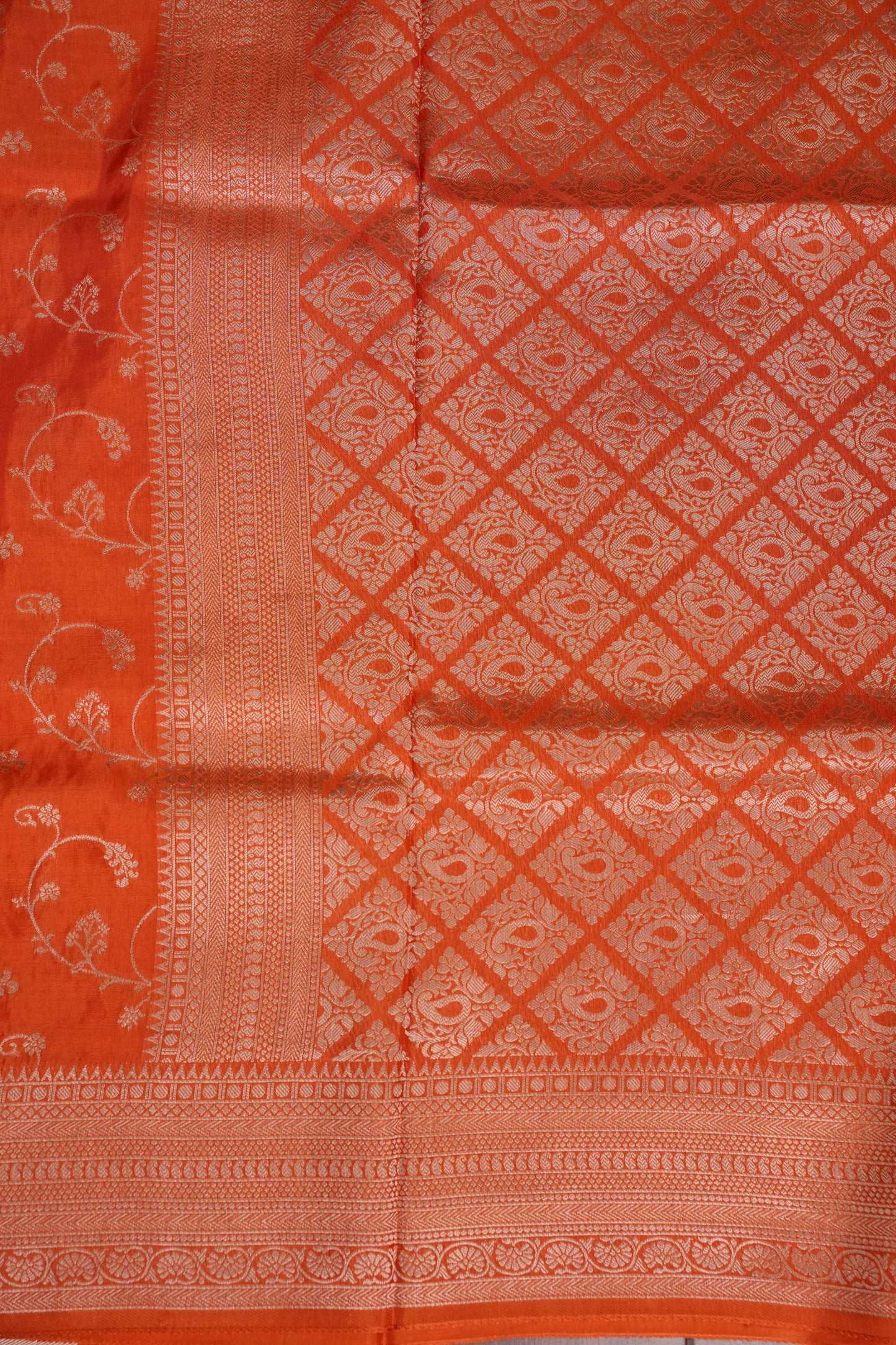 Banarasi Silk Saree – Vibrant Coral Orange with Antique Gold Zari Floral Weave
