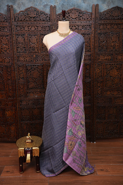 Semi Tussar Raw Silk Saree with Checkered Body & Kalamkari Pallu and Blouse – Lavender Purple