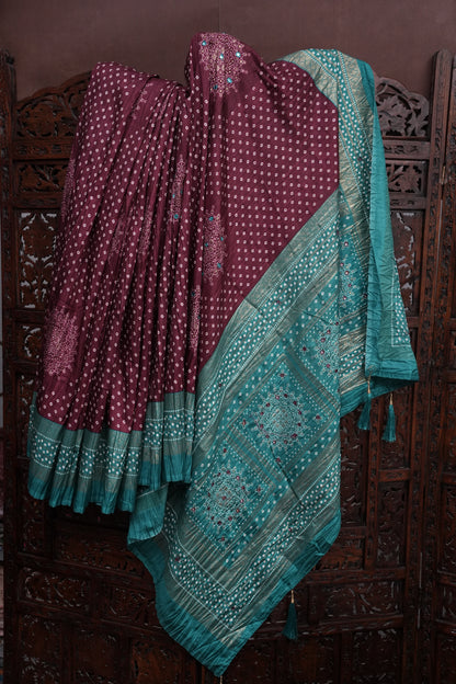 Bandhini Digital Print Semi Silk Saree - Wine and Turquoise Blue