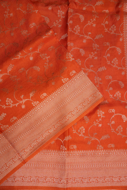 Banarasi Silk Saree – Vibrant Coral Orange with Antique Gold Zari Floral Weave