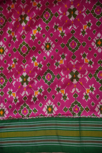 Pure Ikkat Soft Silk Saree - Pink & Emerald Green