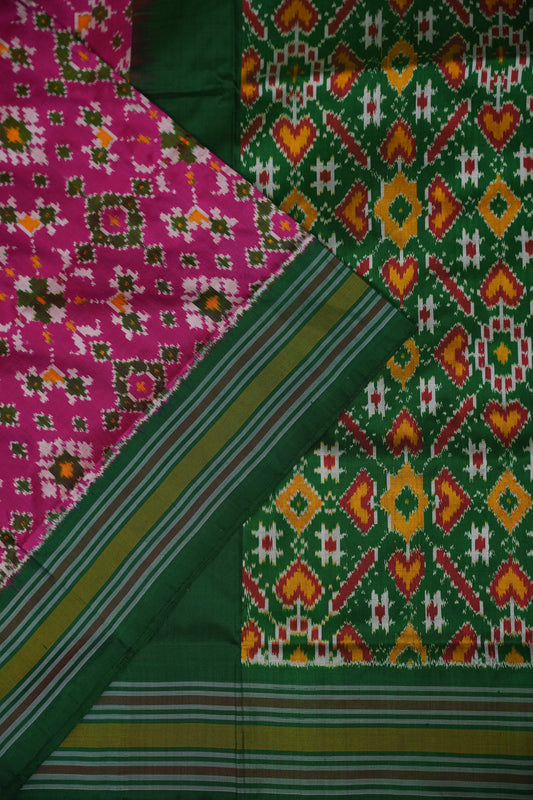 Pure Ikkat Soft Silk Saree - Pink & Emerald Green