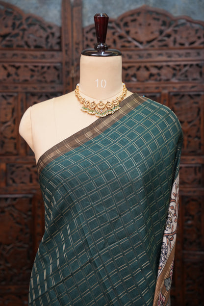 Semi Tussar Raw Silk Saree with Checkered Body & Kalamkari Pallu and Blouse – Deep Teal Green