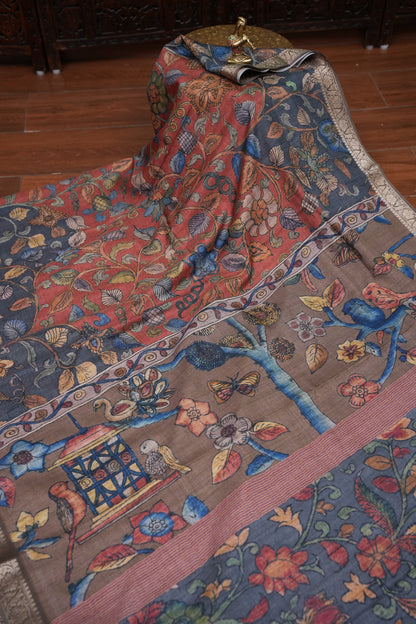 Linen Tussar Saree with Floral Kalamkari Digital Print – Slate Grey