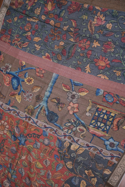 Linen Tussar Saree with Floral Kalamkari Digital Print – Slate Grey