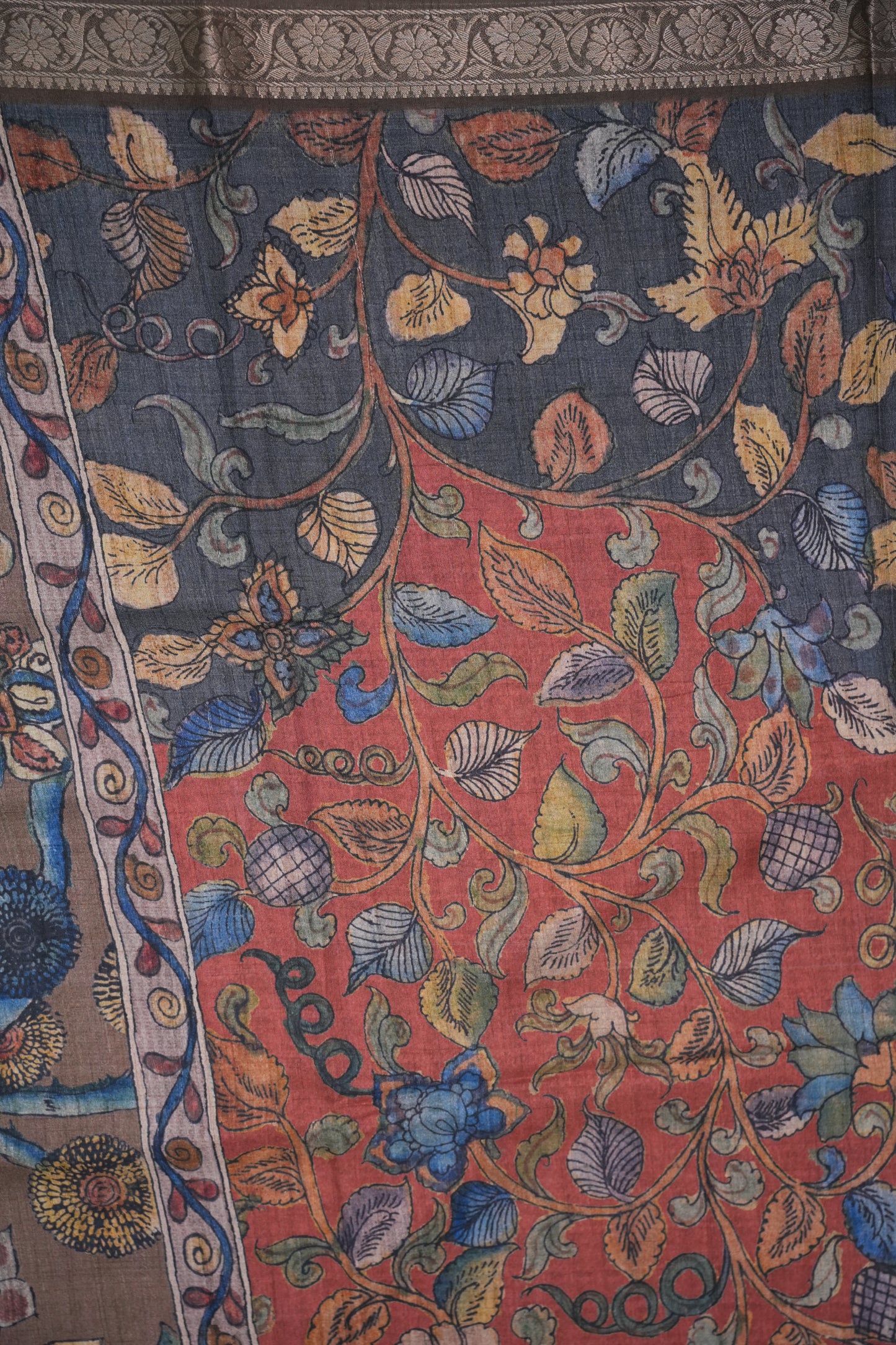Linen Tussar Saree with Floral Kalamkari Digital Print – Slate Grey