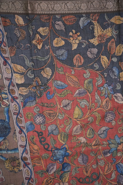 Linen Tussar Saree with Floral Kalamkari Digital Print – Slate Grey