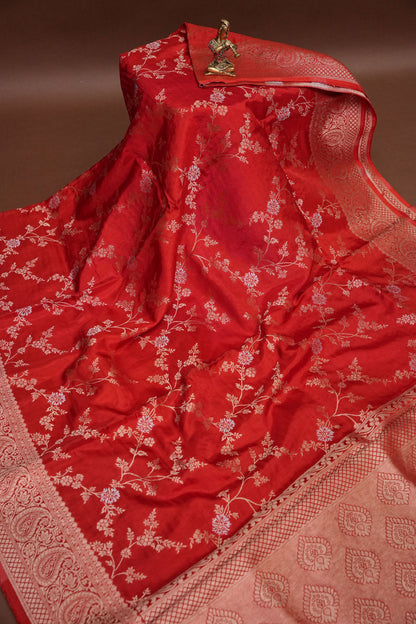 Banarasi Silk Saree – Classic Red with Intricate Gold Zari Floral Weave