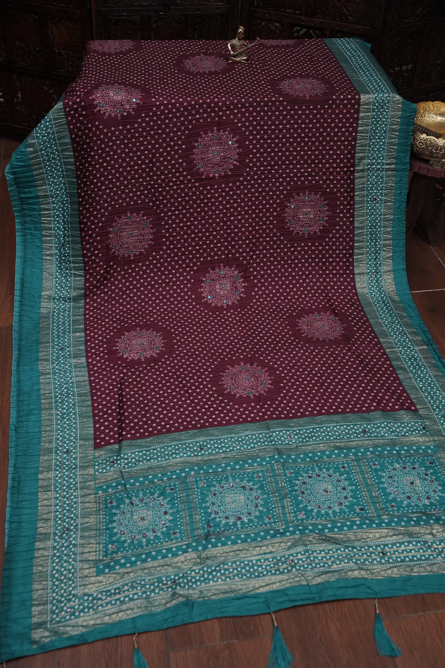 Bandhini Digital Print Semi Silk Saree - Wine and Turquoise Blue