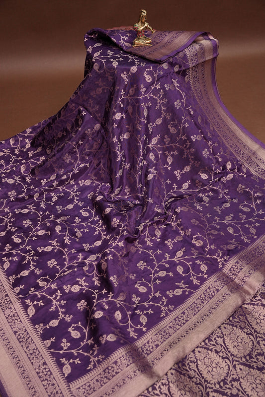 Banarasi Silk Saree - Deep Violet Purple with Gold Zari Floral Weave