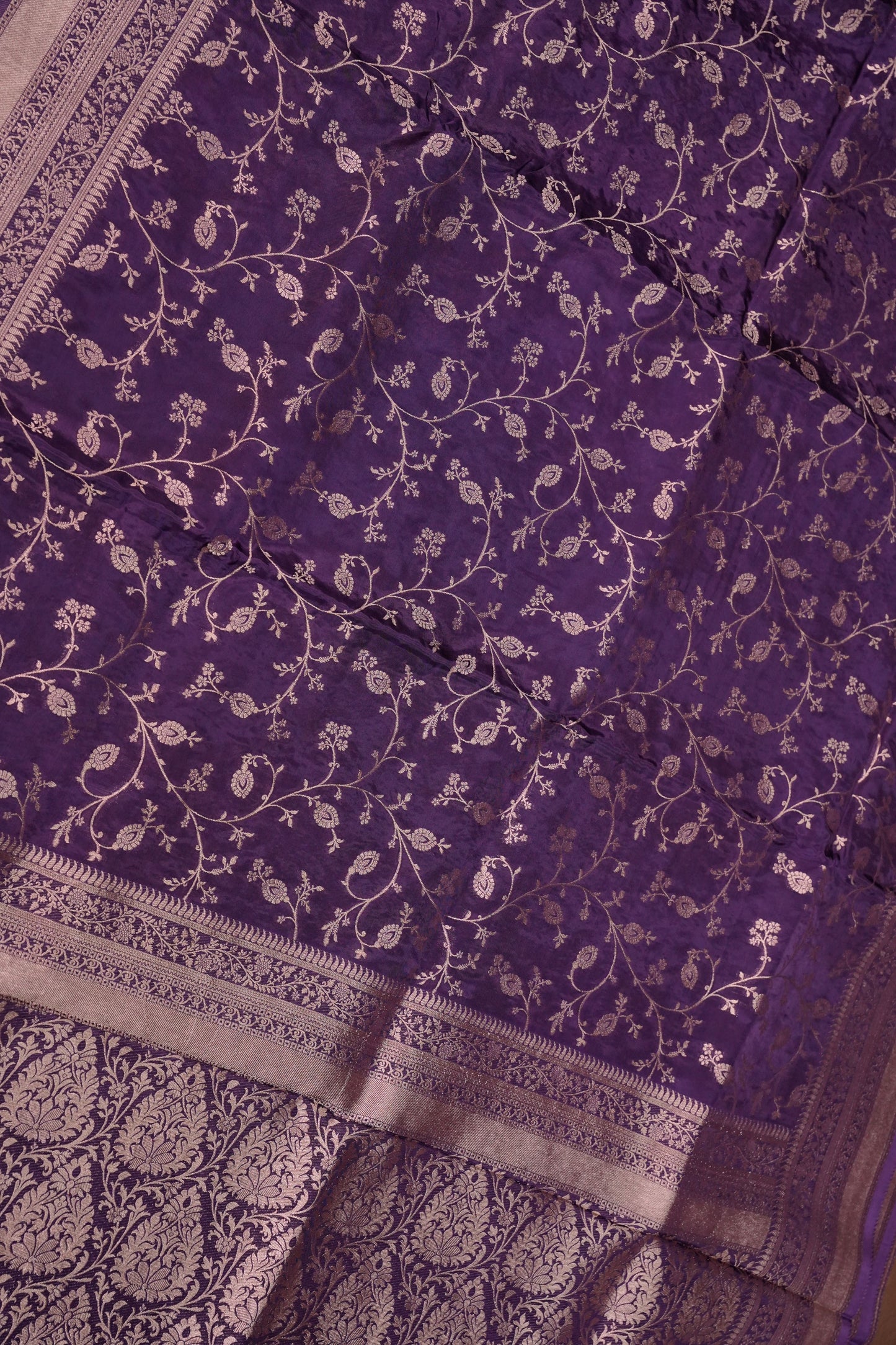 Banarasi Silk Saree - Deep Violet Purple with Gold Zari Floral Weave
