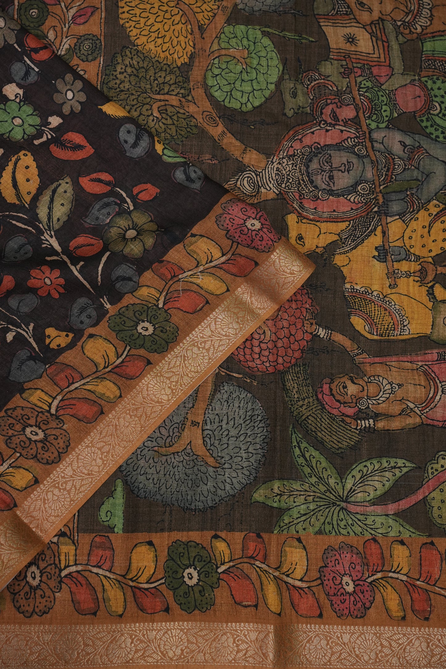 Linen Tussar Saree with Kalamkari Digital Print – Coffee Brown Mythological Theme