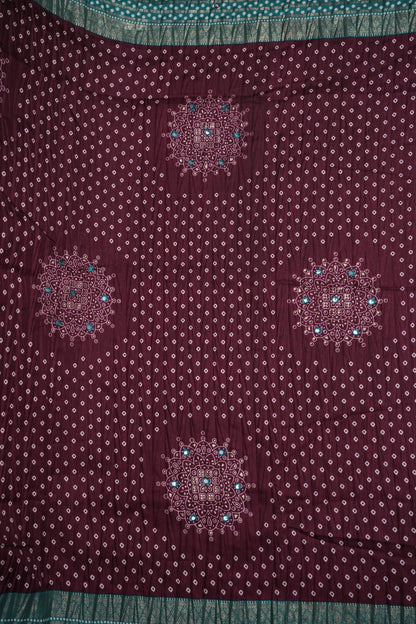 Bandhini Digital Print Semi Silk Saree - Wine and Turquoise Blue