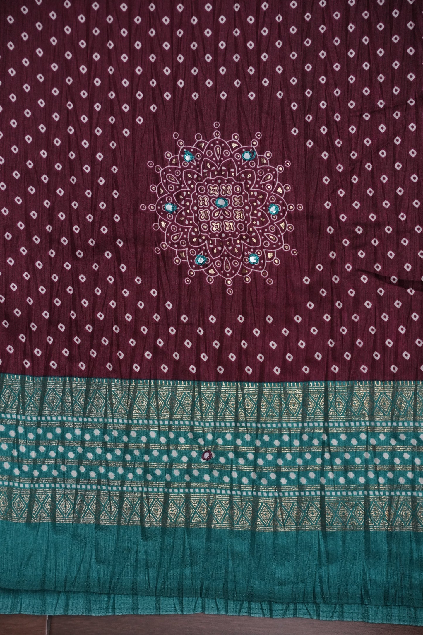 Bandhini Digital Print Semi Silk Saree - Wine and Turquoise Blue