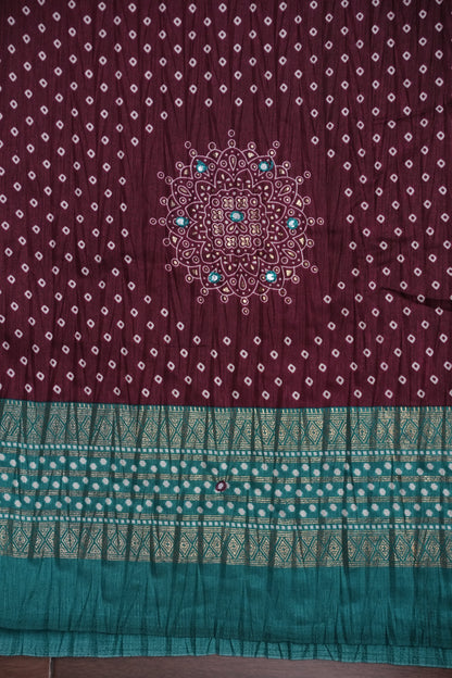 Bandhini Digital Print Semi Silk Saree - Wine and Turquoise Blue