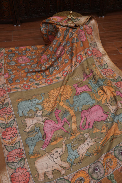 Linen Tussar Saree with Kalamkari Digital Print – Olive Green Wildlife Theme