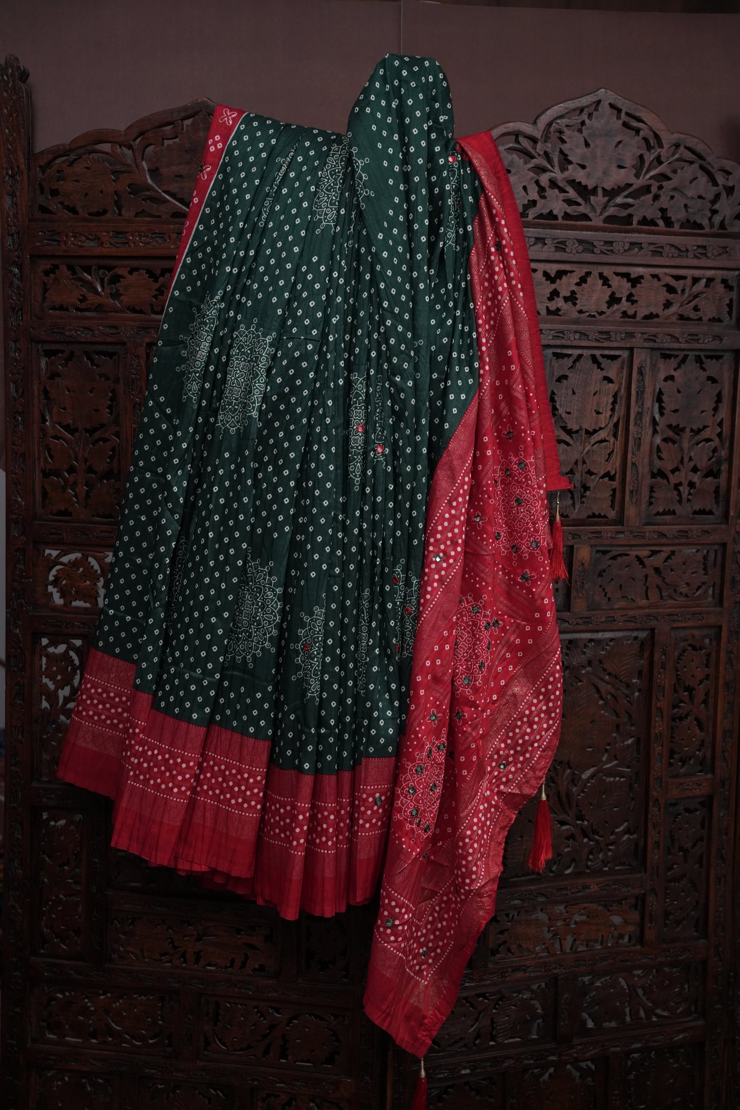 Bandhini Digital Print Semi Silk Saree - Bottle Green and Red
