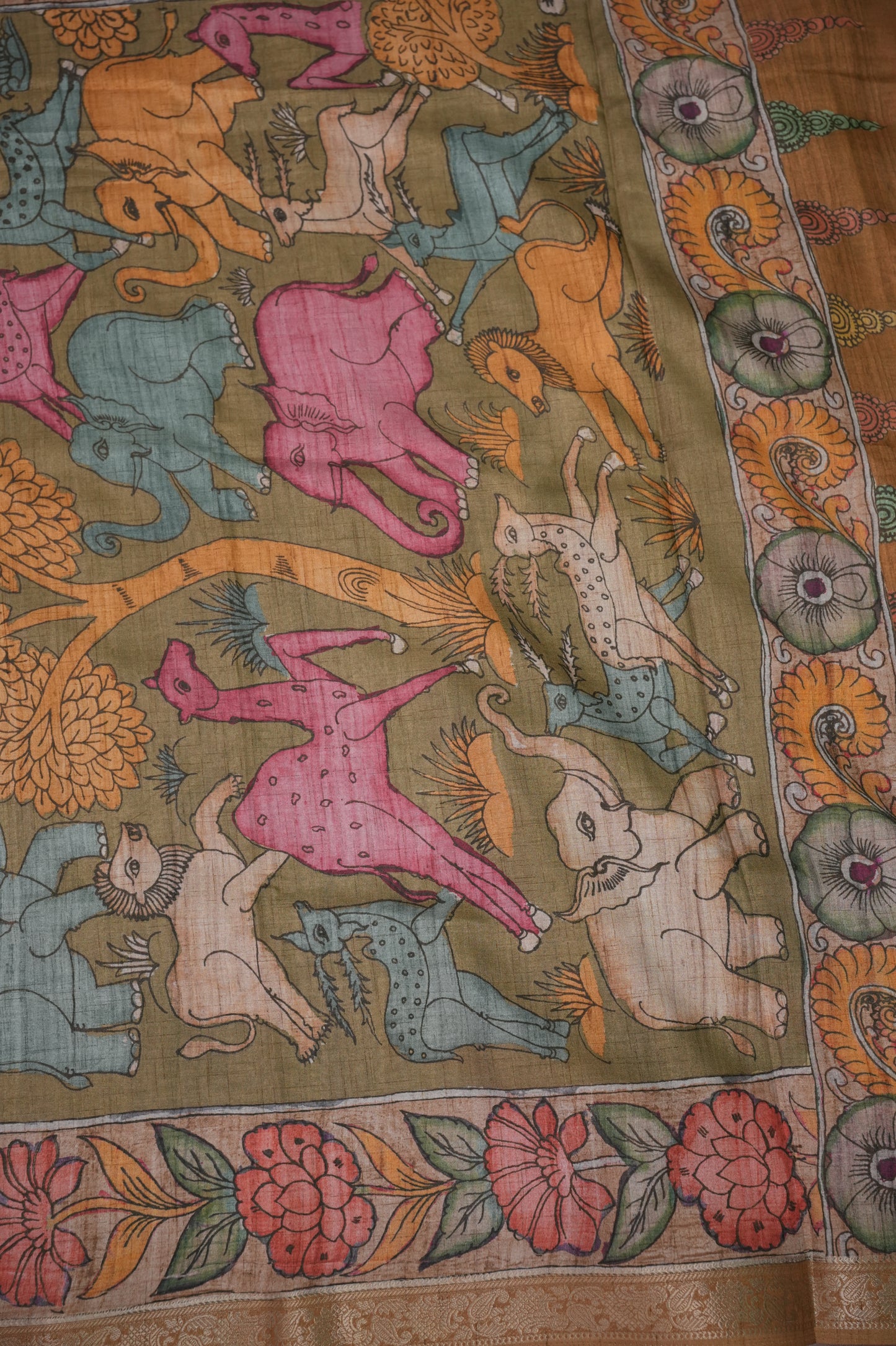 Linen Tussar Saree with Kalamkari Digital Print – Olive Green Wildlife Theme