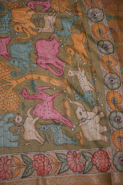 Linen Tussar Saree with Kalamkari Digital Print – Olive Green Wildlife Theme