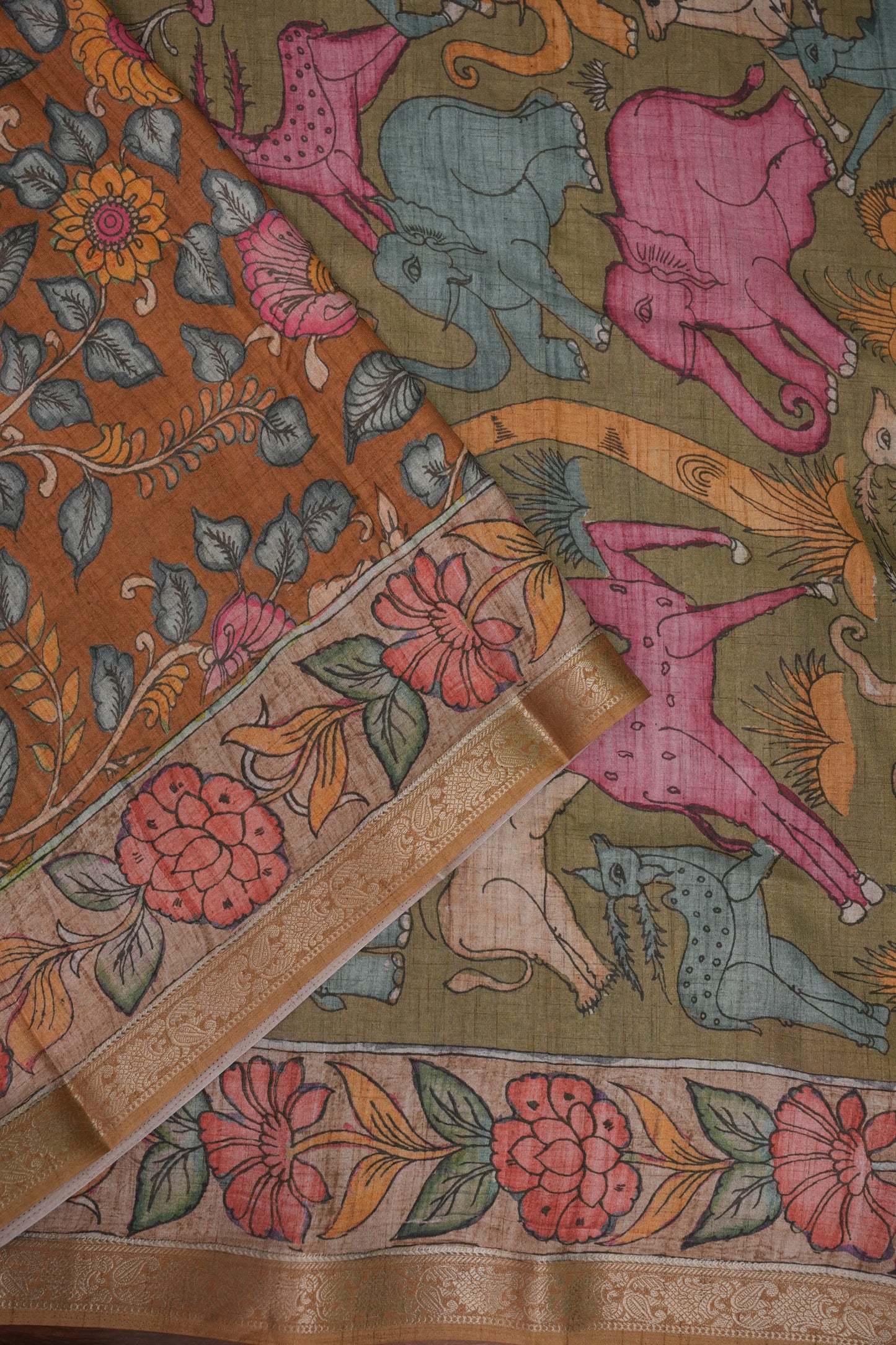 Linen Tussar Saree with Kalamkari Digital Print – Olive Green Wildlife Theme