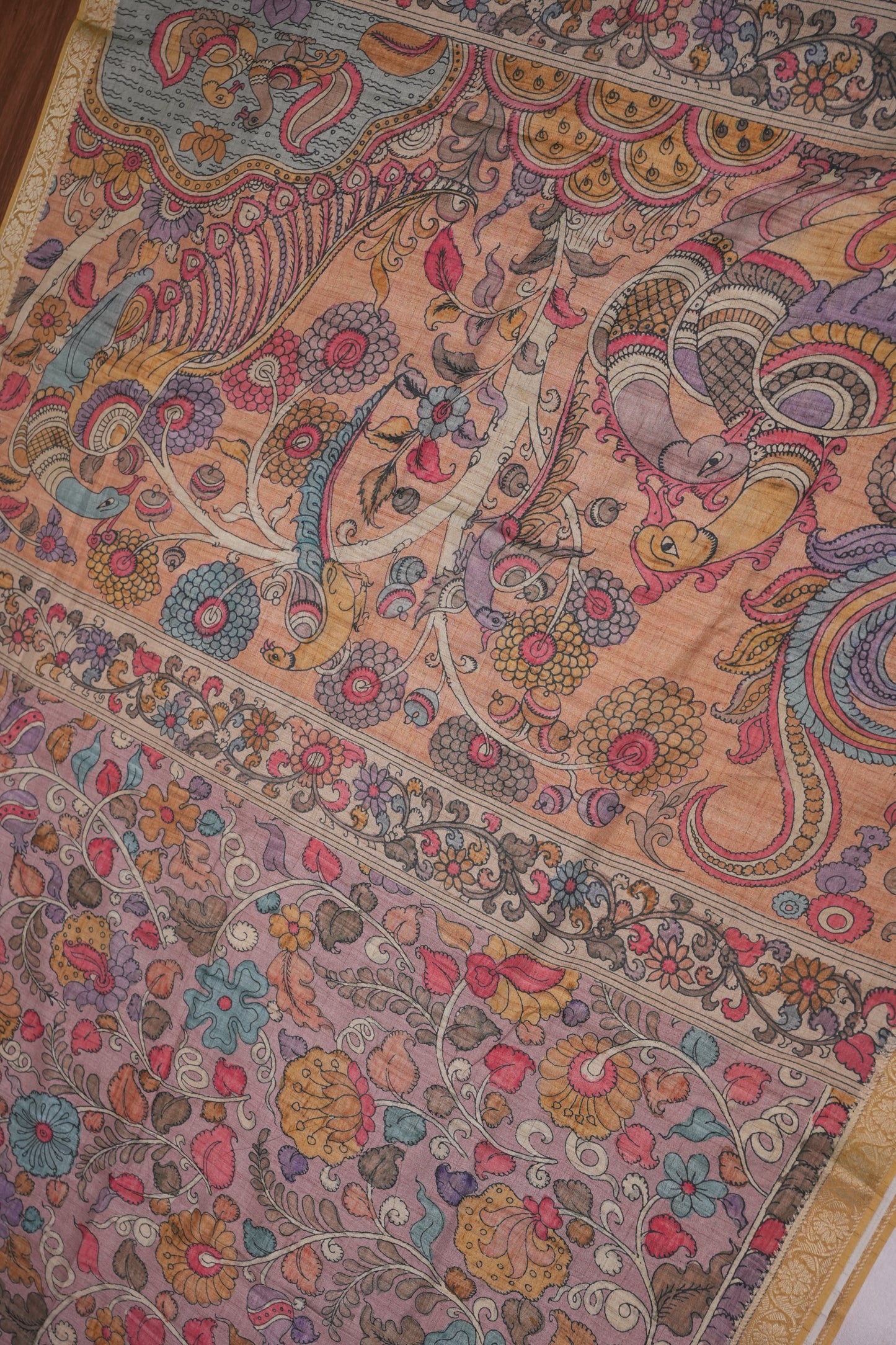 Linen Tussar Saree with Kalamkari Digital Print – Peach Floral & Peacock Theme