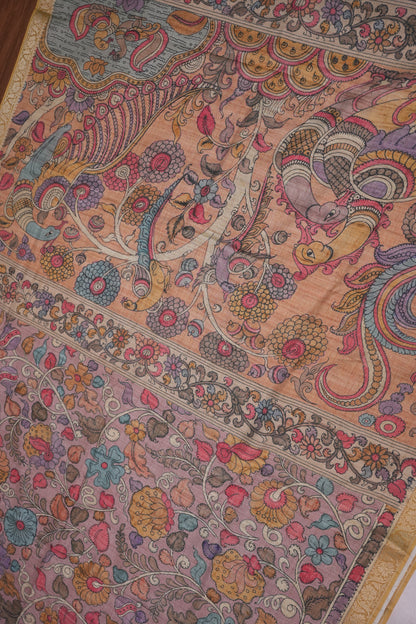 Linen Tussar Saree with Kalamkari Digital Print – Peach Floral & Peacock Theme