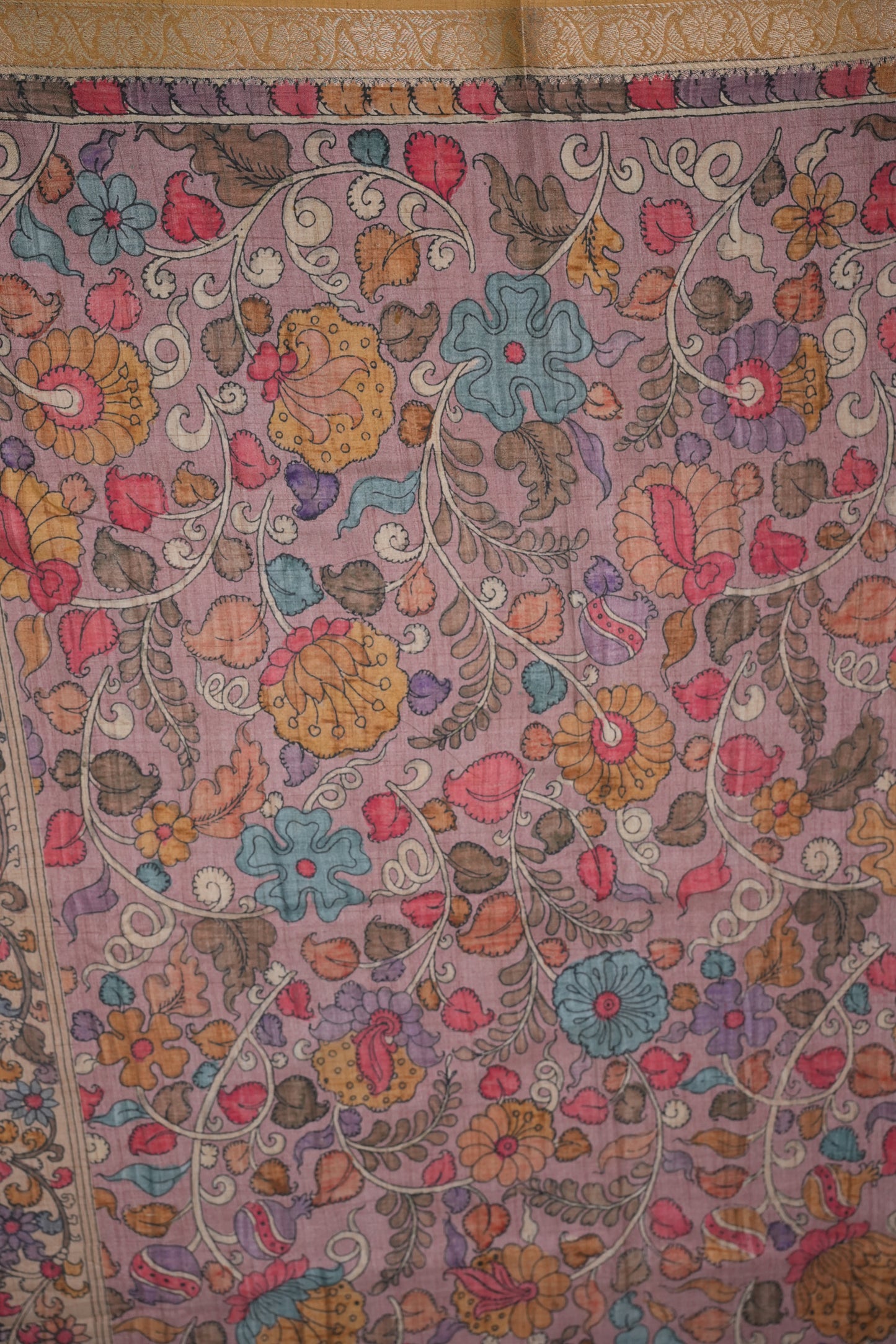Linen Tussar Saree with Kalamkari Digital Print – Peach Floral & Peacock Theme
