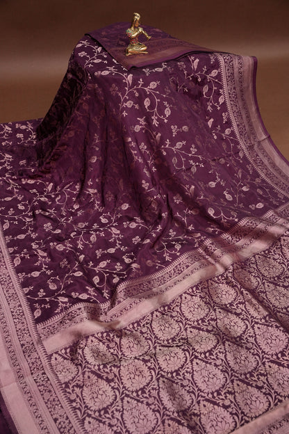 Banarasi Silk Saree – Rich Plum Purple with Intricate Gold Zari Floral Weave