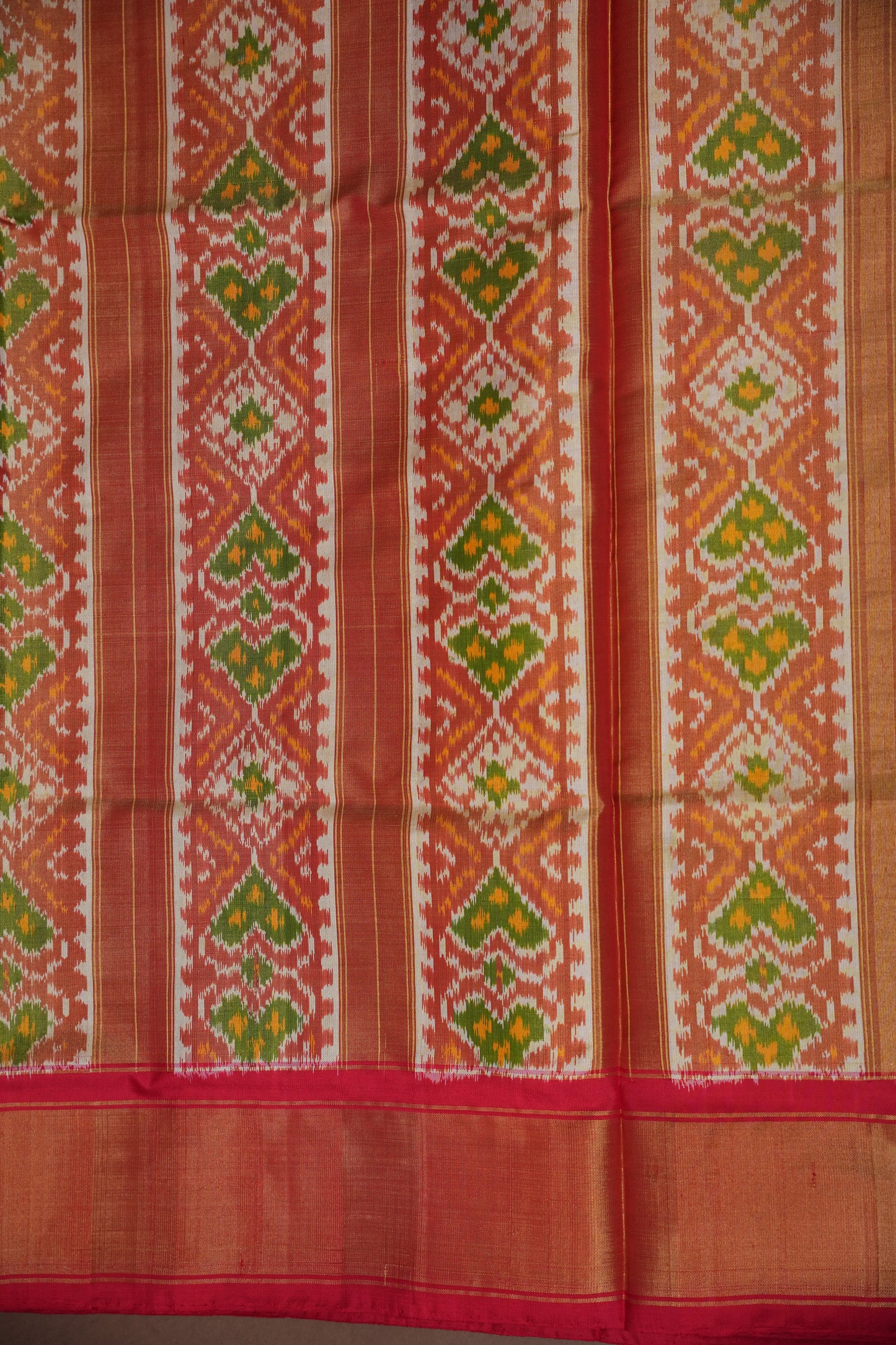 Mustard Yellow Pochampally Ikkat Silk Saree with Red Tissue Border