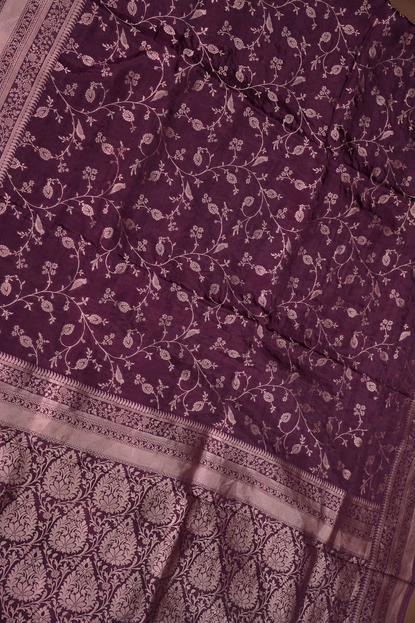 Banarasi Silk Saree – Rich Plum Purple with Intricate Gold Zari Floral Weave