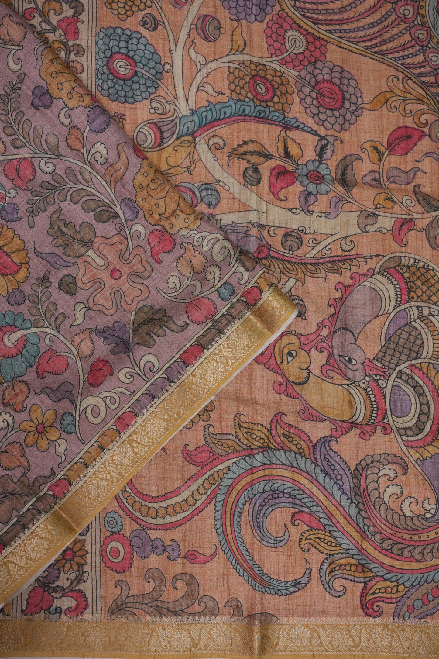 Linen Tussar Saree with Kalamkari Digital Print – Peach Floral & Peacock Theme