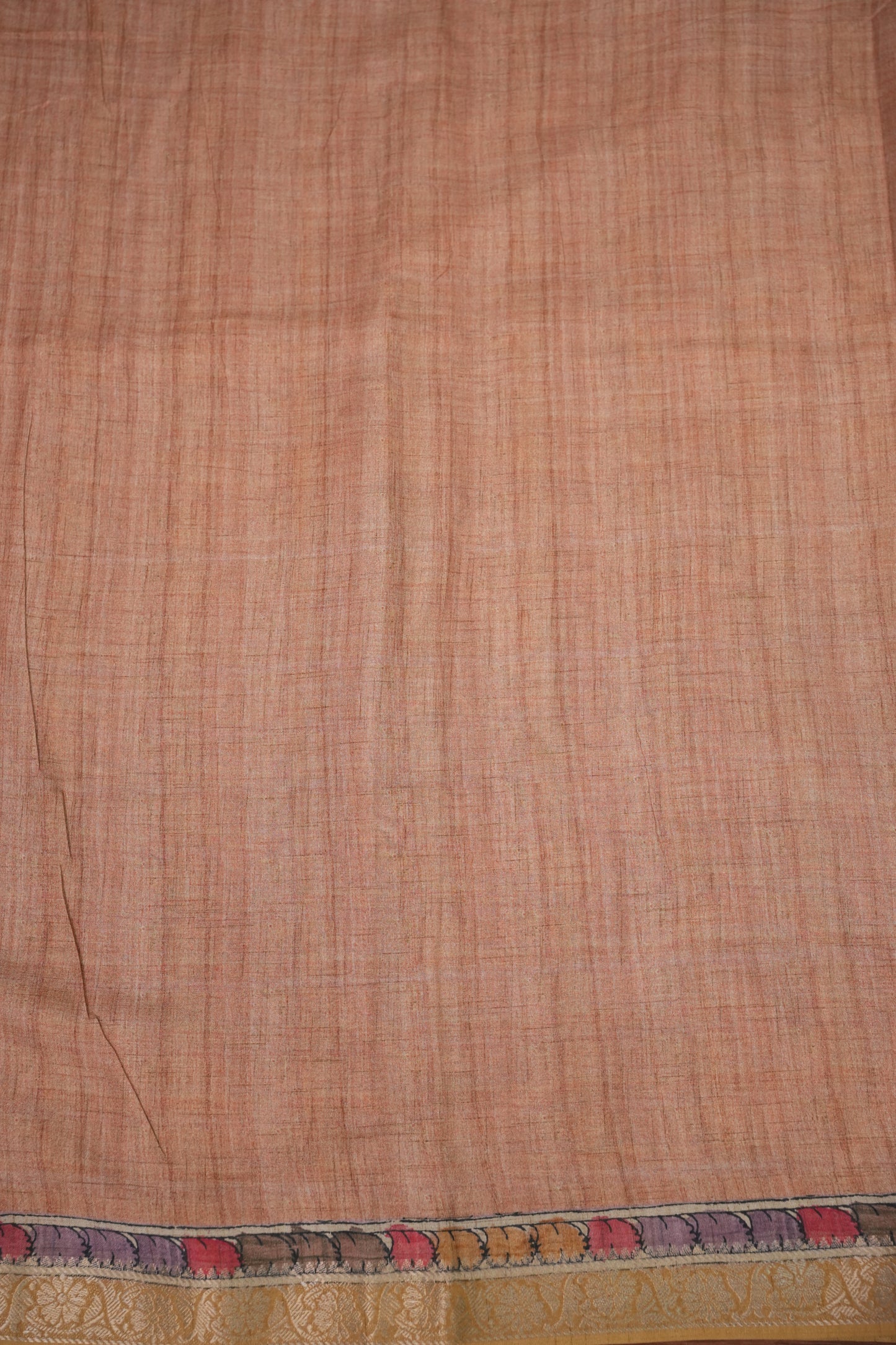 Linen Tussar Saree with Kalamkari Digital Print – Peach Floral & Peacock Theme