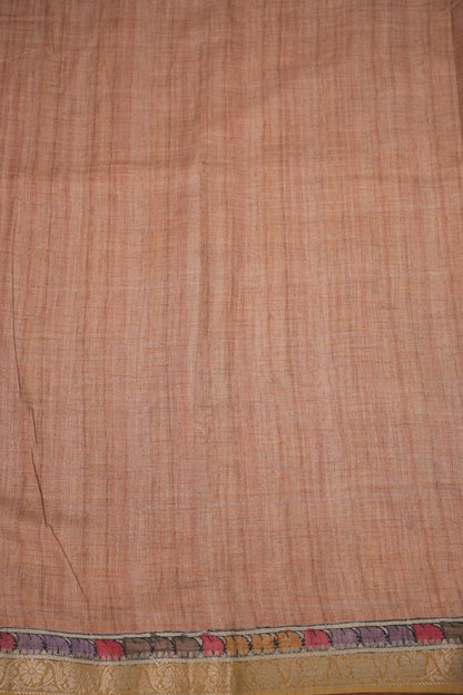 Linen Tussar Saree with Kalamkari Digital Print – Peach Floral & Peacock Theme