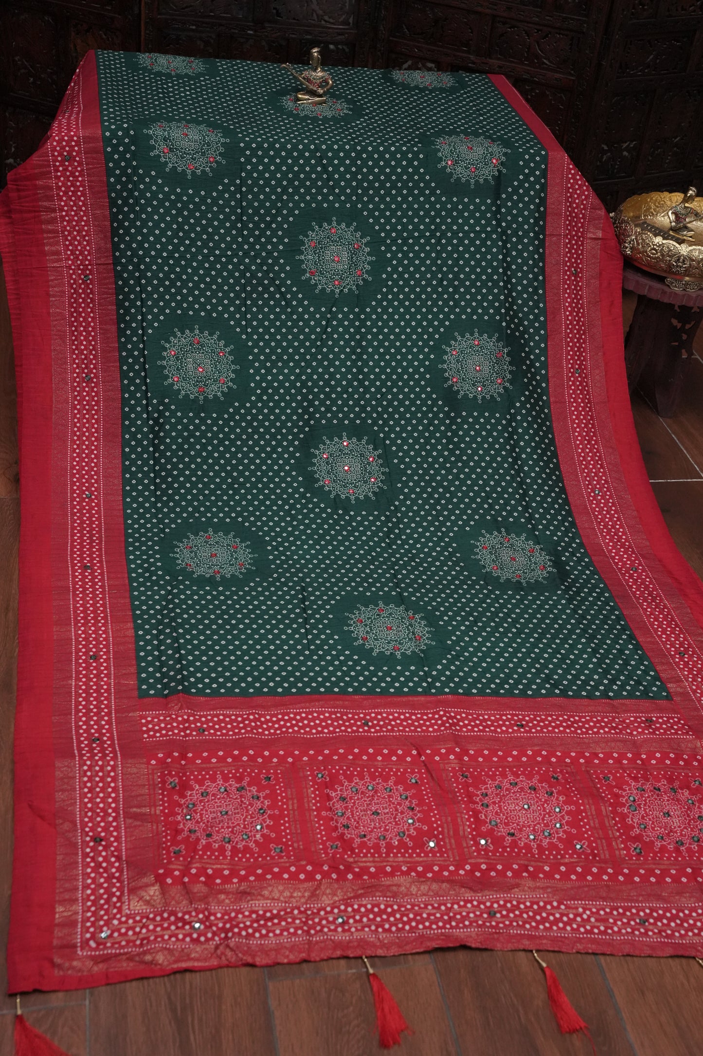 Bandhini Digital Print Semi Silk Saree - Bottle Green and Red