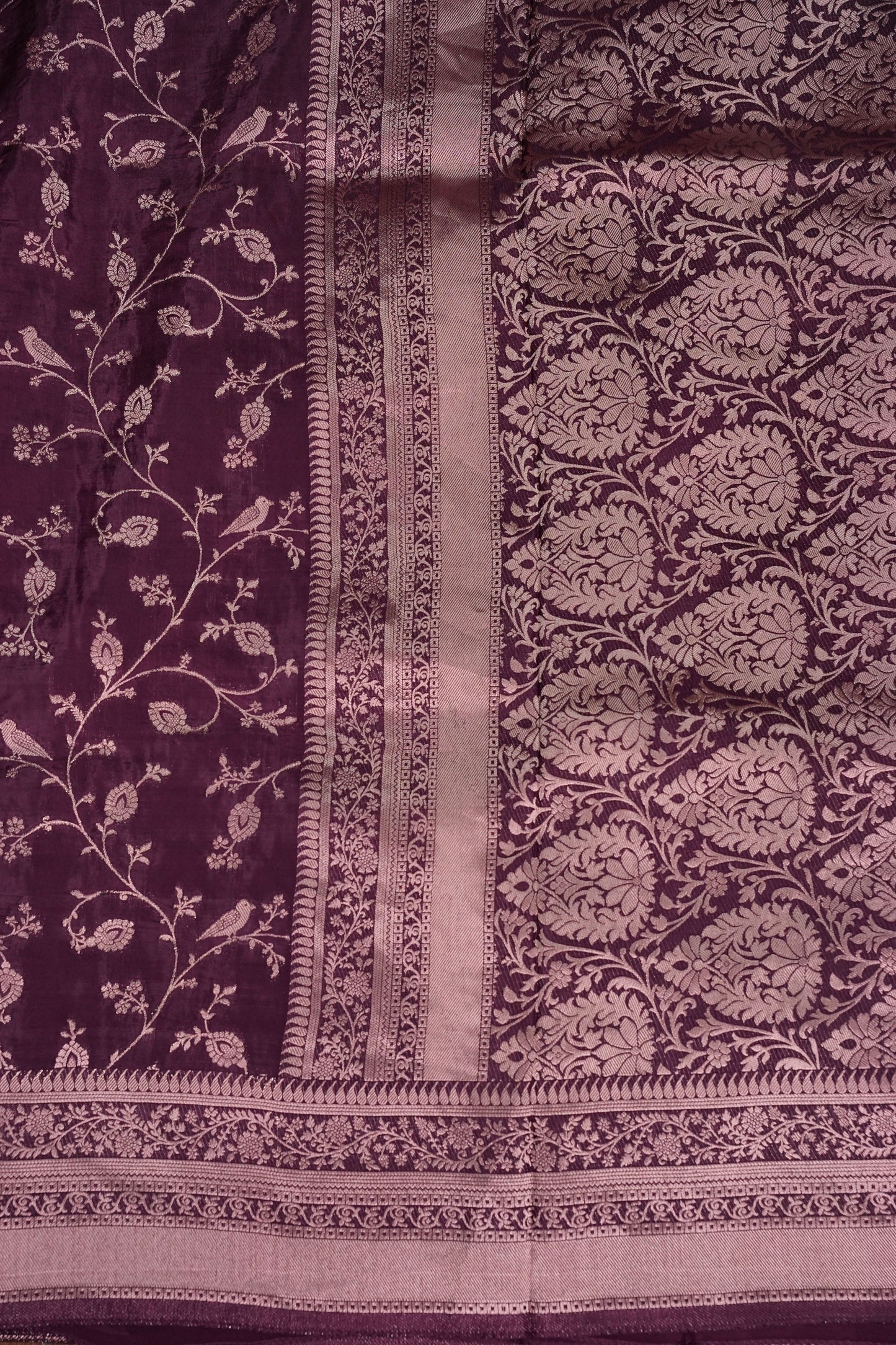 Banarasi Silk Saree – Rich Plum Purple with Intricate Gold Zari Floral Weave