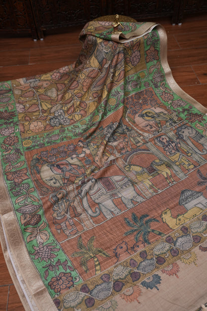 Linen Tussar Saree with Kalamkari Digital Print – Rust Brown Heritage Theme
