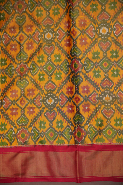 Mustard Yellow Pochampally Ikkat Silk Saree with Red Tissue Border