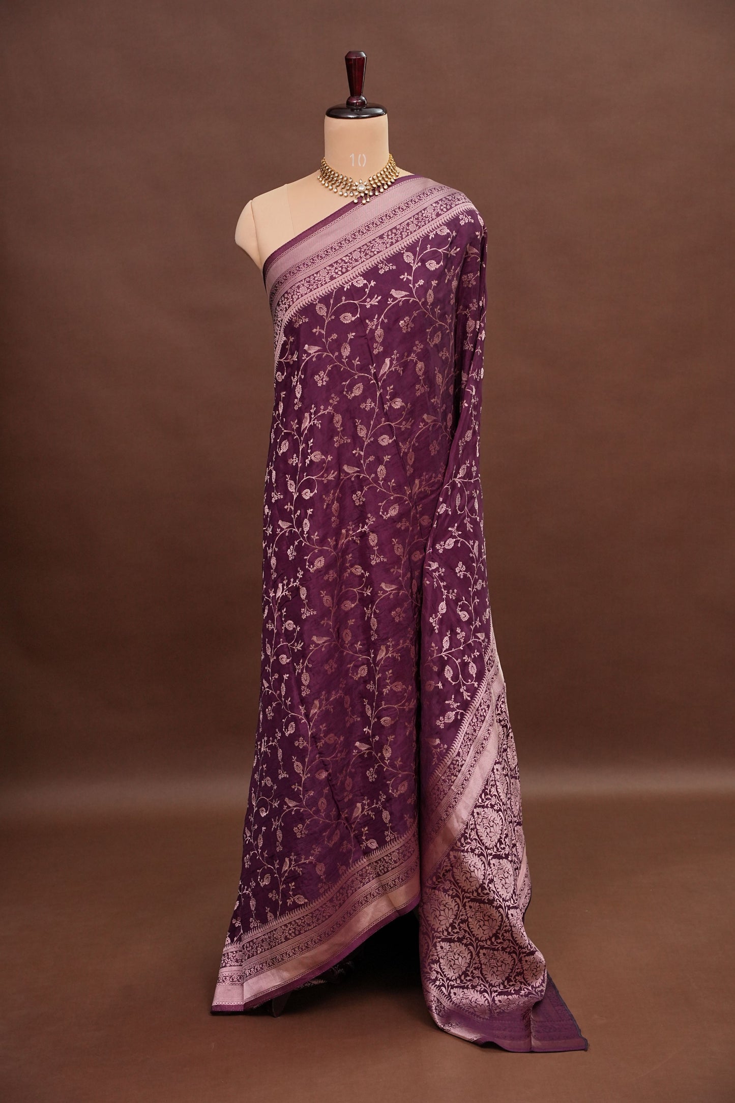 Banarasi Silk Saree – Rich Plum Purple with Intricate Gold Zari Floral Weave