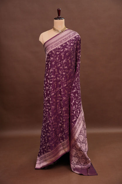 Banarasi Silk Saree – Rich Plum Purple with Intricate Gold Zari Floral Weave