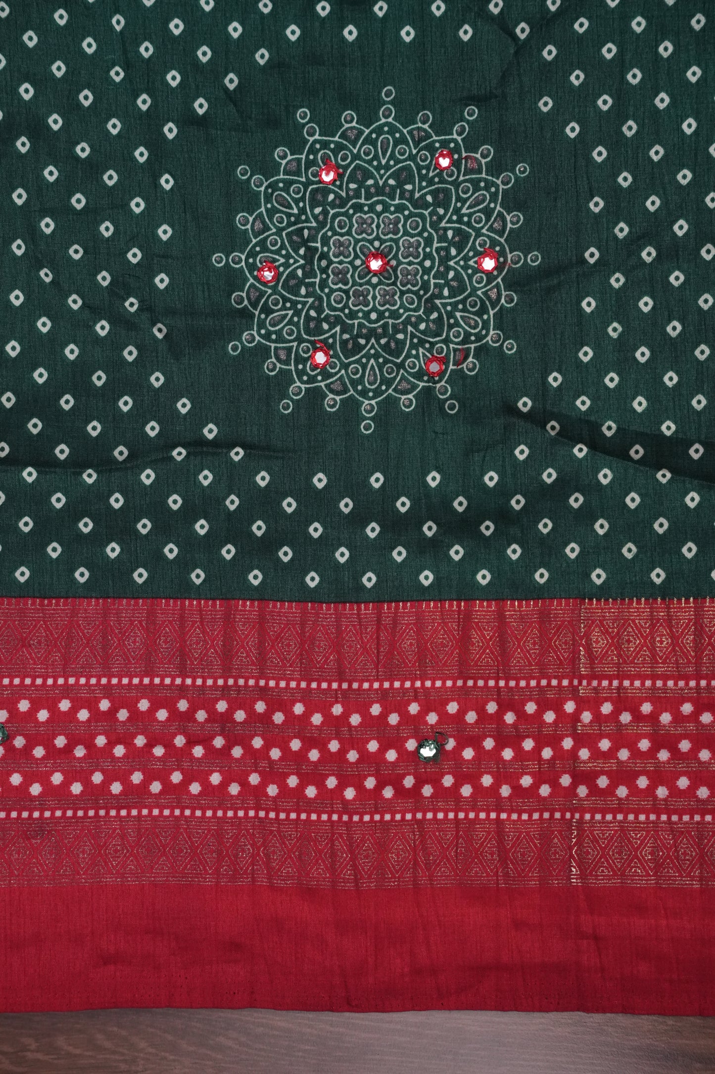 Bandhini Digital Print Semi Silk Saree - Bottle Green and Red