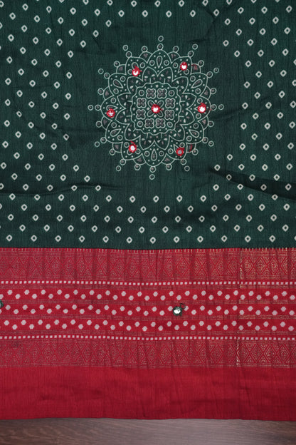 Bandhini Digital Print Semi Silk Saree - Bottle Green and Red