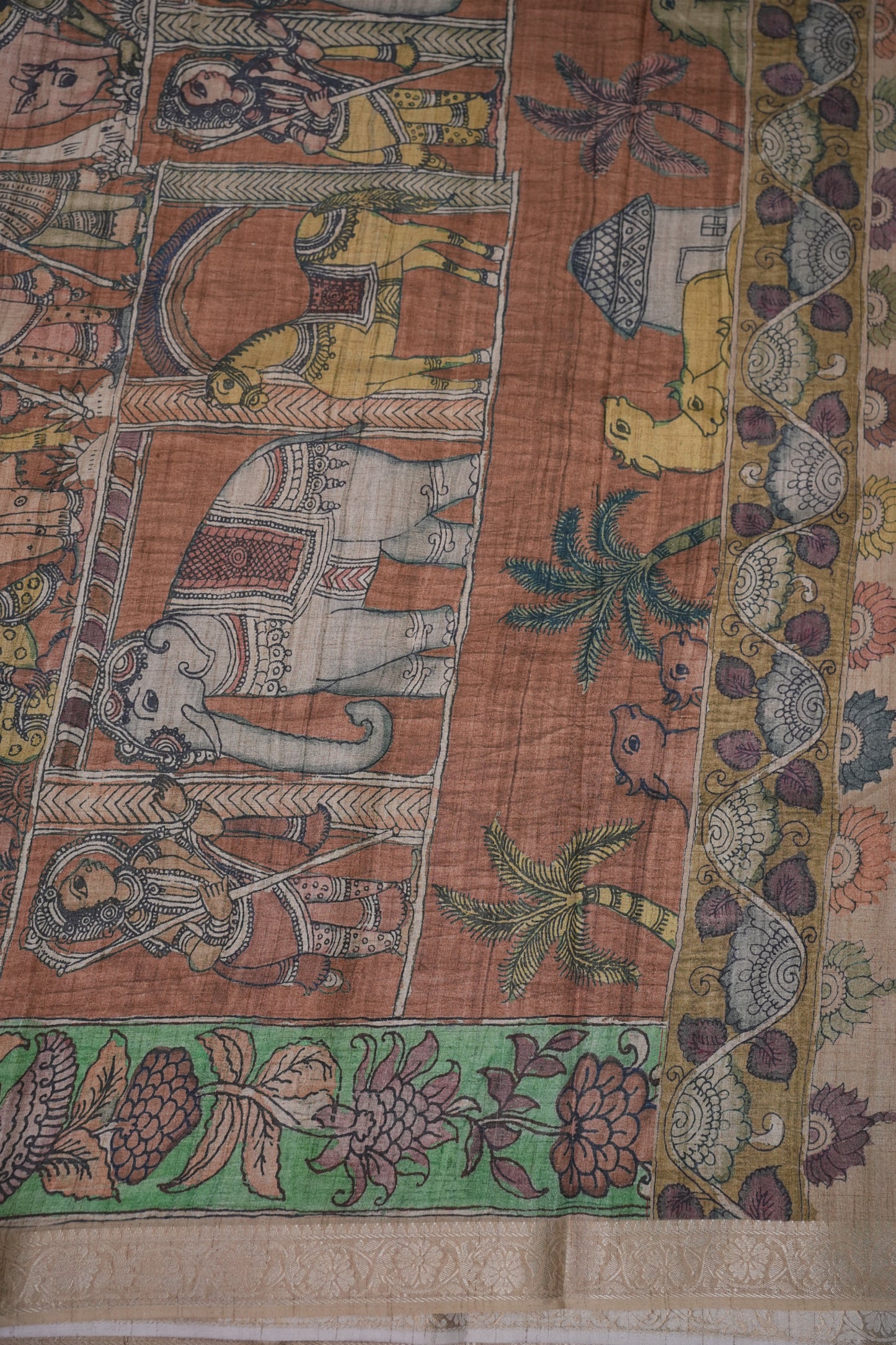 Linen Tussar Saree with Kalamkari Digital Print – Rust Brown Heritage Theme