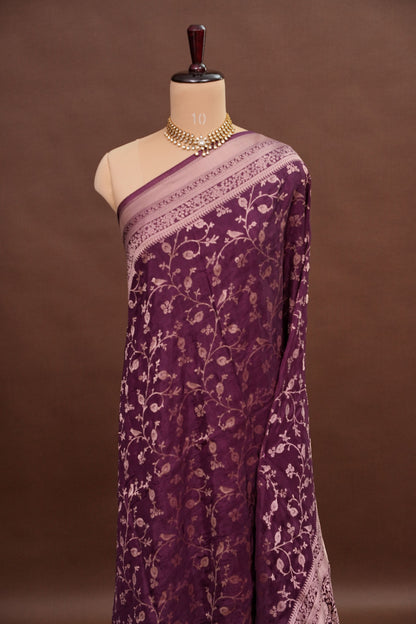 Banarasi Silk Saree – Rich Plum Purple with Intricate Gold Zari Floral Weave